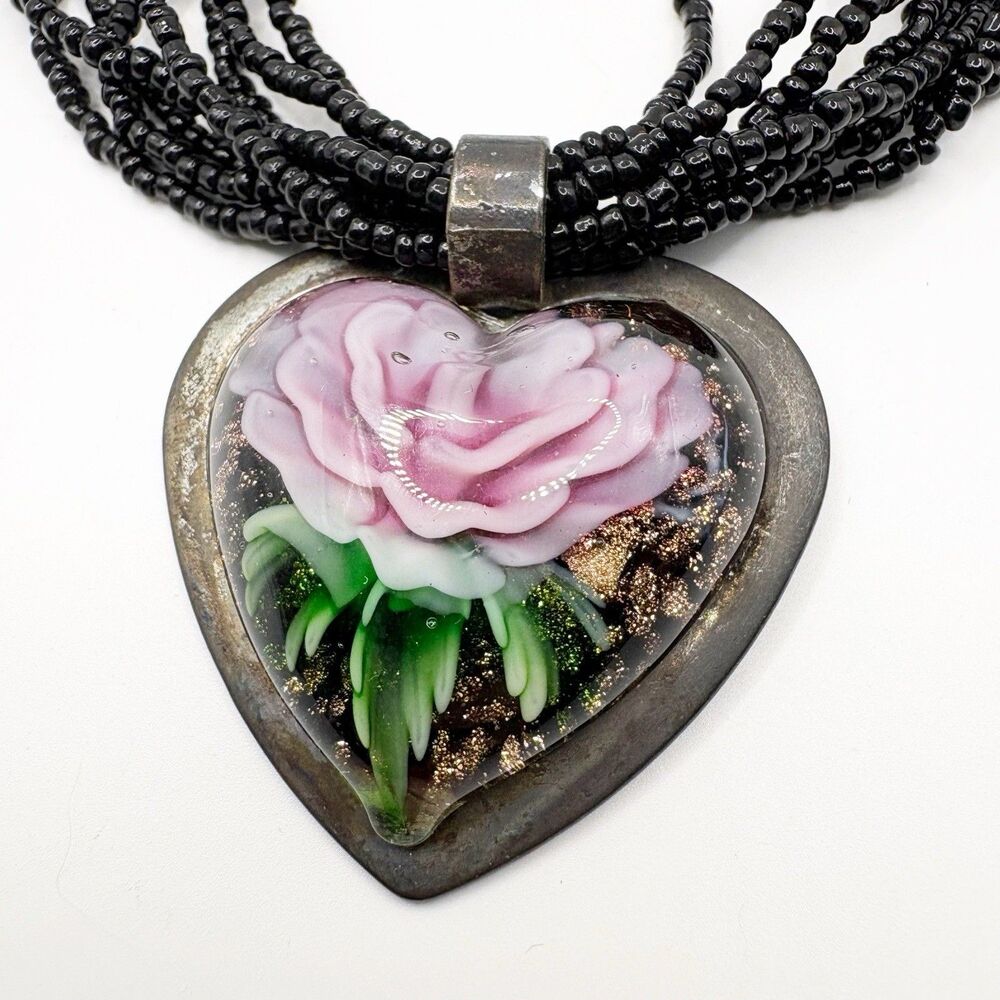 Multistrand Black Seed Beads Large Black Pink Rose Art Glass Heart Pendant Neck